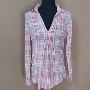 Sundance Pink Plaid V Neck Long Sleeve Shirt Size Medium